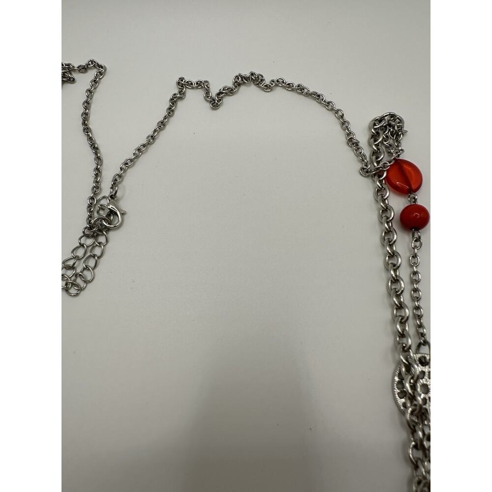 Silver Tone Multi Strand Chain Necklace With Red Plastic Beads 40” - Picture 5 of 8